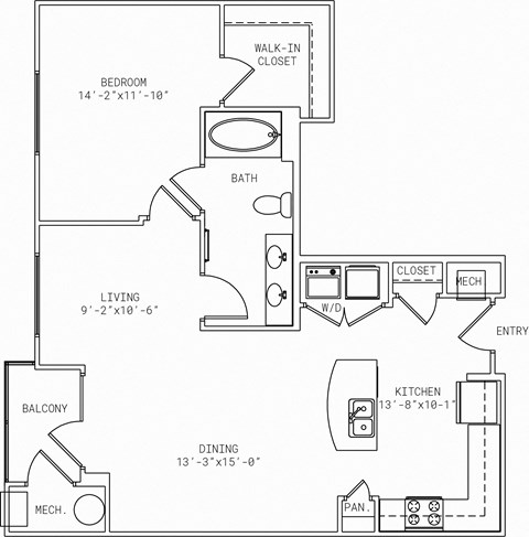 1-A13 1 Bed 1 Bath Floor Plan at Mira Upper Rock, Maryland