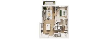 A top-down view of a well-organized, modern apartment layout.