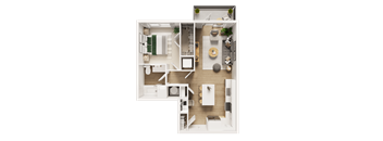 A top-down view of a house layout with a kitchen, living room, and bedrooms.