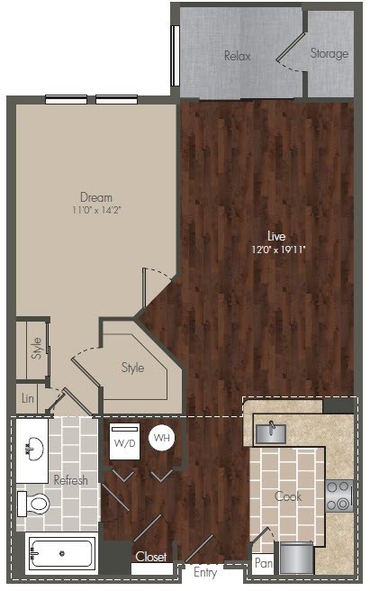 A floor plan of a house with a living room, kitchen, and bathroom.