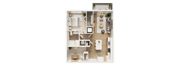 A top-down view of a well-organized apartment with a kitchen, living room, and bathroom.