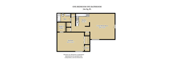 A floor plan of a one bedroom one bathroom apartment.