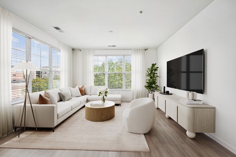 a living room with a white couch and a television