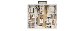 A detailed 3D floor plan of a modern apartment layout.