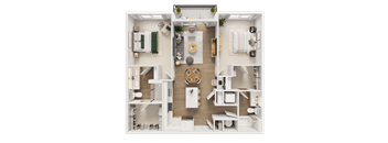 A detailed floor plan of a house showing a kitchen, living room, dining area, and bedrooms.