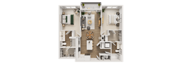A detailed 3D floor plan of a small apartment layout.