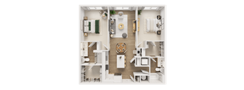A top-down view of a well-organized apartment with a kitchen, living room, and bedroom.