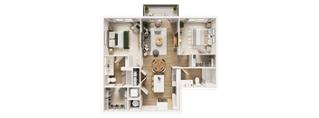A detailed 3D floor plan of a modern apartment layout.