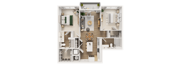 A top-down view of a well-organized apartment with a kitchen, living room, and bedrooms.