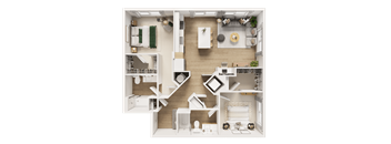 A detailed floor plan of a two-bedroom apartment with a kitchen, living room, and bathroom.