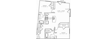 1-B3 2 Bedroom 2 Bathroom Floor Plan at Mira Upper Rock, Maryland, 20850