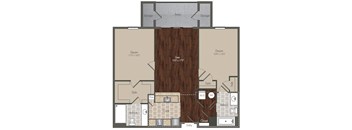 A floor plan of a house with a central living room, two bedrooms, a study, a kitchen, and storage areas.