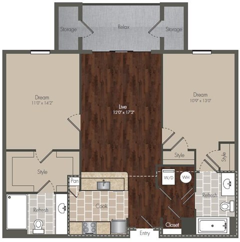 A floor plan of a house with a central living room, two bedrooms, a study, a kitchen, and storage areas.