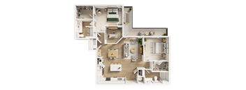 A detailed 3D floor plan of a house layout.