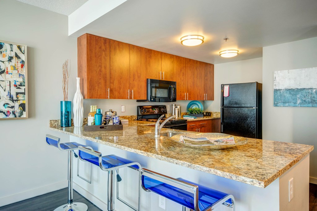 Gourmet kitchens with Giallo St. Cecilia Gold granite countertops and cherry cabinetry with chrome hardware at The Zenith, Baltimore