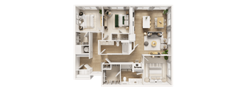 A detailed 3D floor plan of a modern apartment layout.