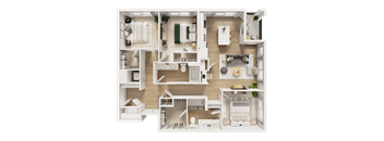 A detailed 3D floor plan of a modern apartment.