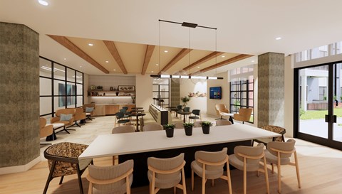 Community lounge with dining table and seating areas at The Terrace Apartments, Frederick