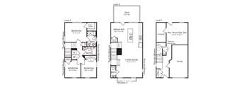 A set of three floor plans for a house with three bedrooms, a garage, and a living room.