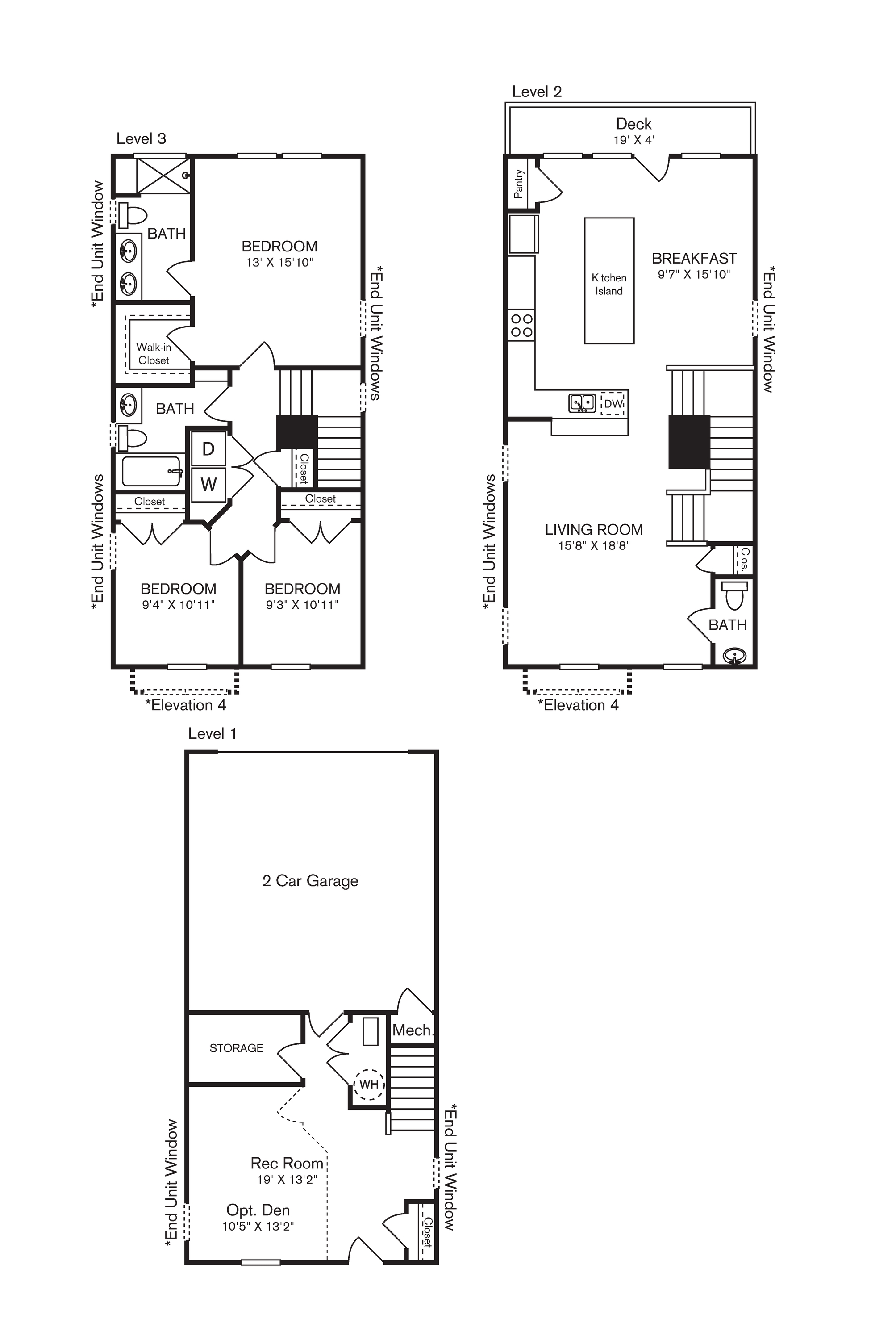 A set of four floor plans for a two-story house with a garage.