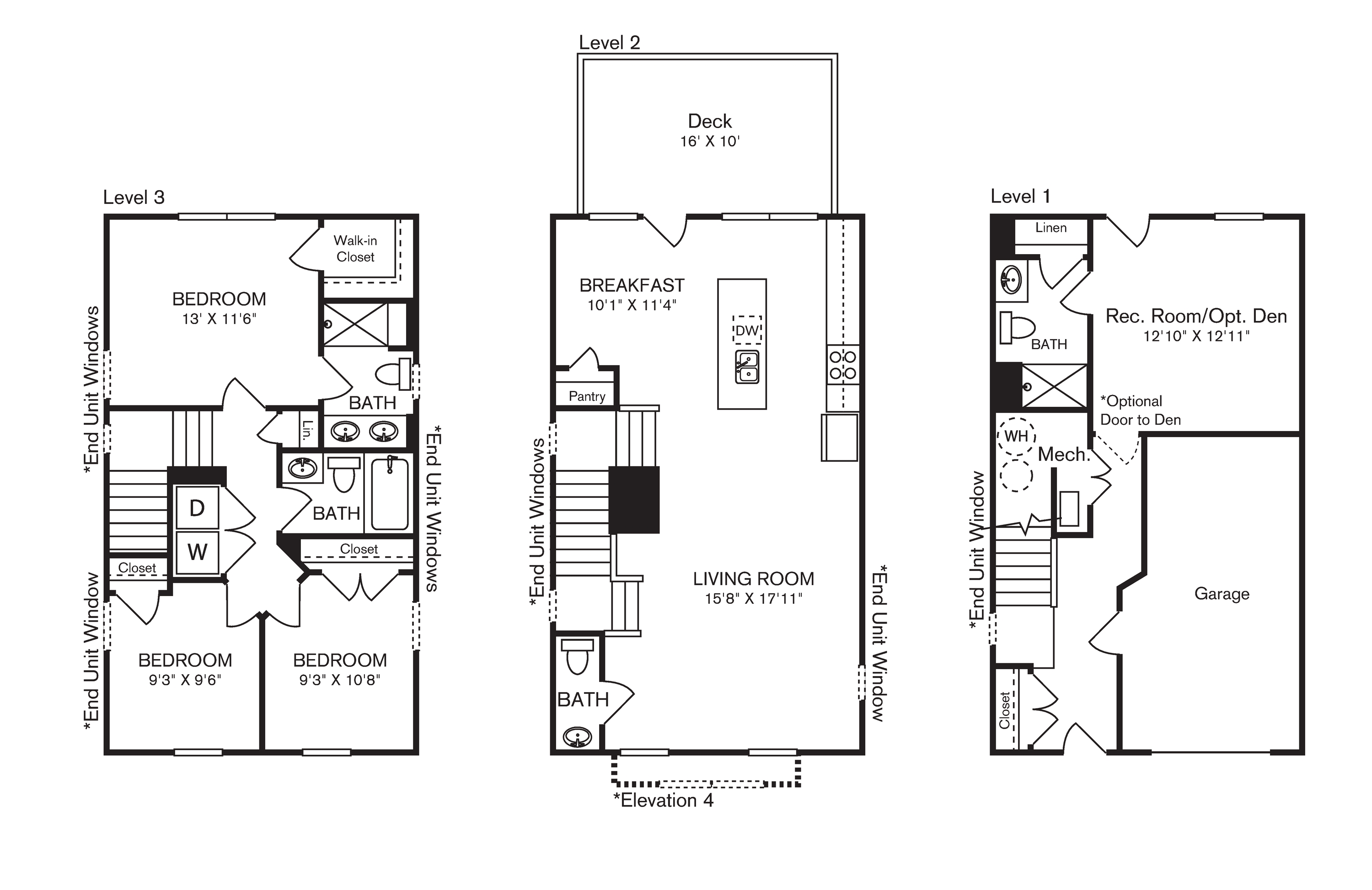 A set of three floor plans for a house with three bedrooms and a garage.