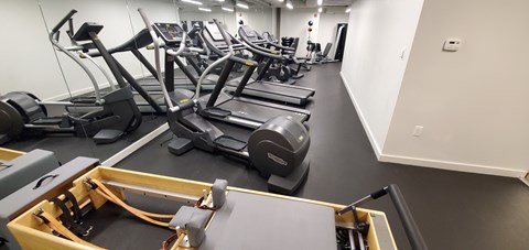 A gym with treadmills, elliptical machines and other cardio equipment.