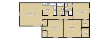 A floor plan of a house with a living/dining room, kitchen, two bathrooms, two bedrooms, a master bedroom, and a mech.