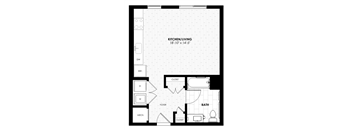 A black and white floor plan of a kitchen/living room.