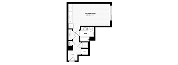 A floor plan of a kitchen/living area with a bath and a powder room.