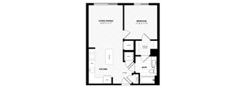 A black and white image of a floor plan for a home with a living/dining area, kitchen, bathroom, and bedroom.
