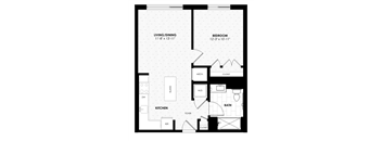 A black and white image of a floor plan for a living/dining area, kitchen, bathroom, and bedroom.