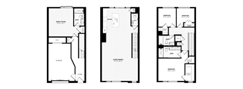 Three black and white floor plans of a house with a garage, living room, and kitchen.