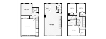 Three black and white floor plans of a house with labeled rooms.