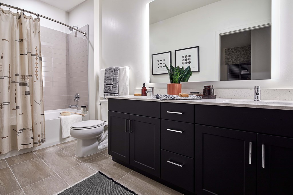 Bathroom with dark cabinetry