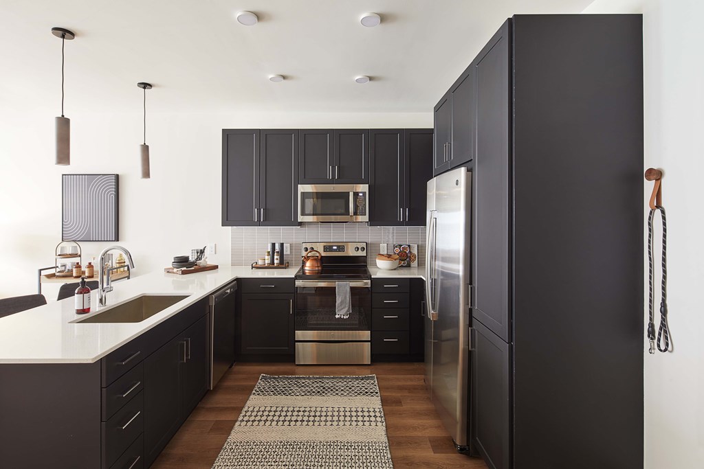 A modern kitchen with black cabinets and stainless steel appliances.