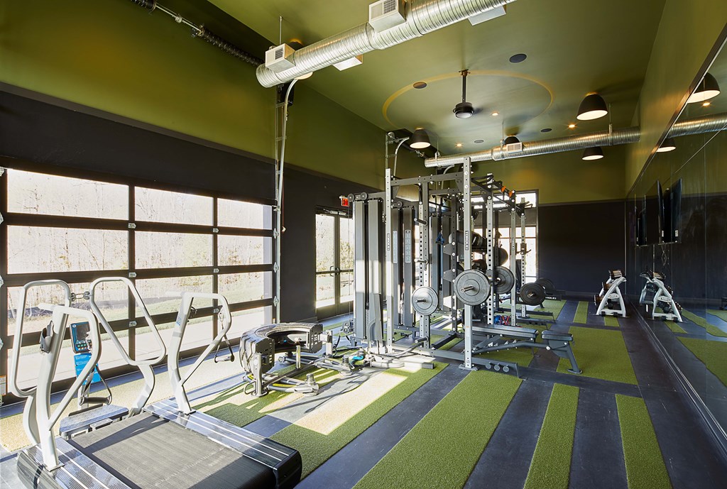 A gym with treadmills, weights, and exercise equipment.