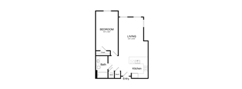 A floor plan of a bedroom and living room with a kitchen and bath.