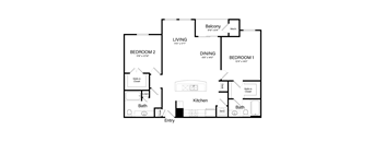 A floor plan of a house with a balcony, two bedrooms, a dining area, a kitchen, and two bathrooms.