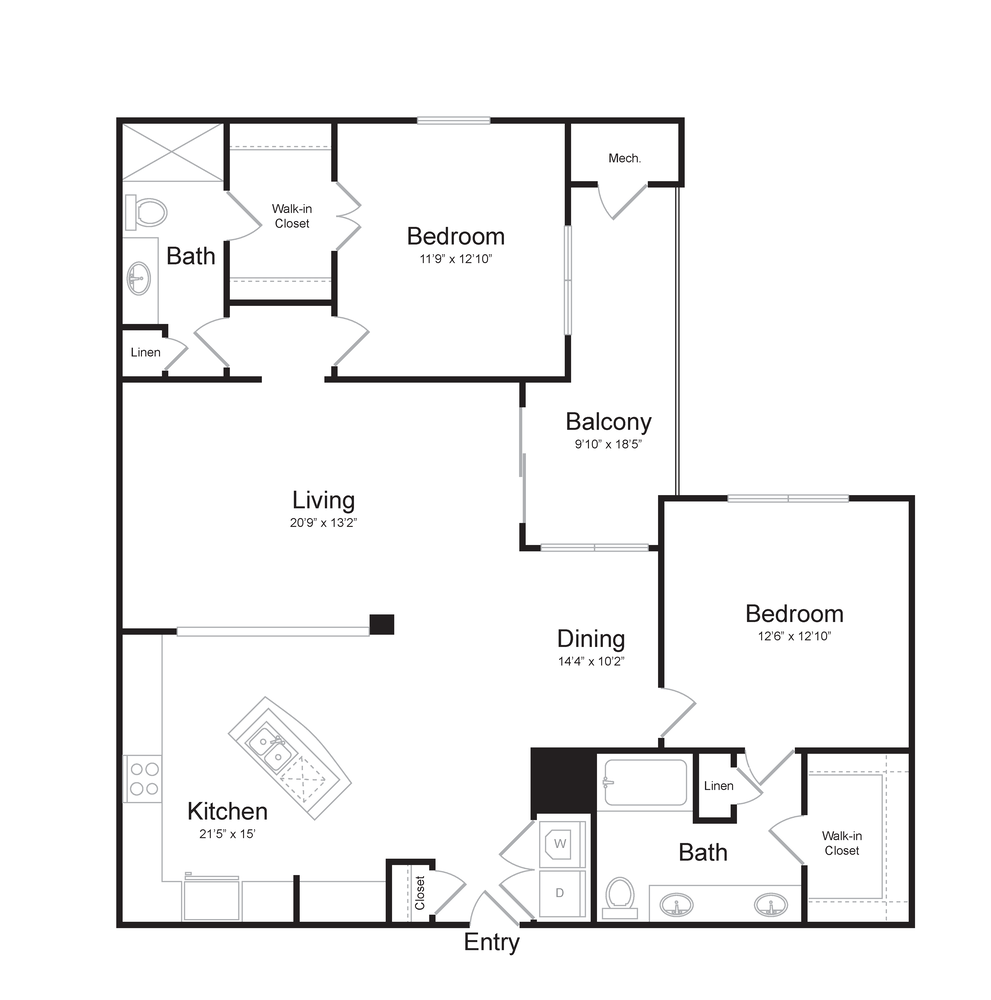 2 Bedroom 2 Bath Floorplan at Midtown at Camp Springs, Maryland, 20746