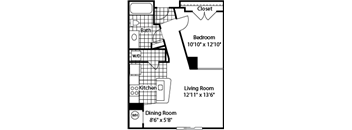 A floor plan of a small apartment with a living room, dining room, kitchen, bath, and bedroom.
