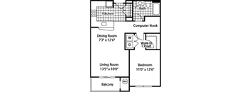 A floor plan of a home showing a kitchen, dining room, living room, bedroom, bathroom, balcony, and walk-in closet.