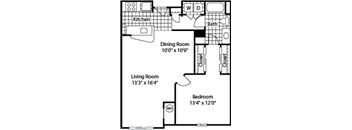 A floor plan of a small apartment with a kitchen, dining room, living room, and bedroom.