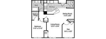 A floor plan of a small apartment with a living room, dining room, kitchen, bedroom, and bathroom.