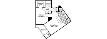 A floor plan of a home with a living room, bedroom, kitchen, and bath.