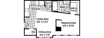 A floor plan of a small apartment with a living area, sleeping area, and dining area.