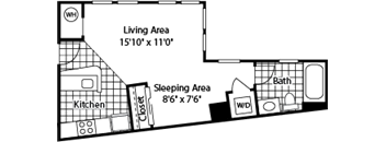 A floor plan of a small apartment with a living area, sleeping area, kitchen, and bath.