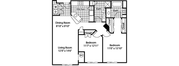 A floor plan of a home with a living room, two bedrooms, a kitchen, and two bathrooms.