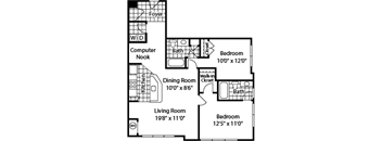 A floor plan of a living space with a kitchen, dining room, living room, and three bedrooms.