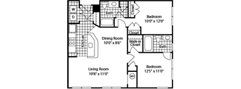 A floor plan of a home with a living room, dining room, kitchen, and three bedrooms.