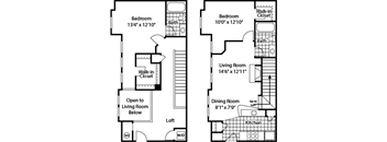 A floor plan of a two bedroom apartment with a living room, dining room, kitchen and loft.